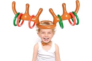 Faburo 7 PCS Christmas Party Toss Game Set Inflatable Reindeer Antler Hat, Christmas Stocking Fillers with 6 Inflatable Rings 1 Antler for Kids Adults Christmas Eve Box Fillers Family Fun Games