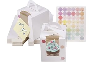 KEYIDO 30 Pcs Individual Cupcake Boxes White Single Cupcake Boxes 1 Hole Cake Box with Clear Window Inserts and 2 Sheets of Stickers for Wedding Birthday Party Favors