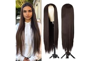 GEPLAIMIR Perücke Braun Damen Lang Glatt Perücken für Afro/Frauen/Mädchen Natürliche Mittelteil Kleines Stück Spitze Perücke Party/Kostüm Lace Front Dunkelbraun Wig R012B