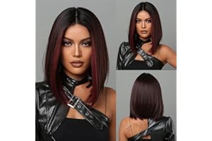 Allbell Rote Perücken für Frauen, Bob Perücken mit Highlights, Mittelteil Mittellange Frisur, Kurze Gerade Perücke, Synthetische Perücke mit Schwarzen Ansätzen, Kurze Perücke für tägliche Party.