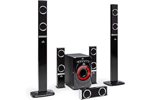 Auna Areal 825 - Sound System 5.1, Impianto Home Cinema 5.1, 200 Watt di Potenza RMS, Subwoofer Home Cinema da 8" + 5 Altoparlanti, Bluetooth, USB, SD, AUX, Telecomando incl., Nero