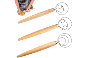 Fouet à Pâte, Lot de 3 Fouets Cuisine Professionnel, Mélangeur à Manche en Bois, Batteur à Oeufs Danois, Acier Inoxydable Mélangeur Pâte à Main, pour Pain, Pâtisserie, Pâte à Pizza