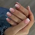 Faux Ongles Courts Carrés Press-on – Couleur Rose Nude, Avec Paillettes Et Colle