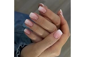 MouyouGlow 24 pezzi Press on Nails corto, quadrato nude rosa sfumato bianco finto unghie finte con colla per unghie, unghie finte rettangolari rosa gradiente bianco acrilico