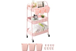 ‎DANPINERA danpinera Rollwagen mit 3 Ebenen, Rollwagen Metall, Rollwagen Küche mit feststellbaren Rädern & hängenden Bechern & Haken, Mobiler Bastelwagen für Küche, Bad, Büro, Werkstatt, Rosa