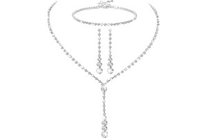 Yolev 4 Piezas Conjunto de Joyería de Boda Collar de Lágrima Nupcial Pendientes Colgantes Novia Pulsera de Diamantes de Imitación Conjunto Collar y Pendientes de Plata para mujer Fiesta de Boda