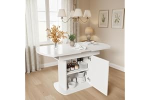 BTM Extendable Oval Dining Table, 110/130cm Space-Saving Multi-Functional Dining Table with Storage Function, Modern Minimalist Style, White