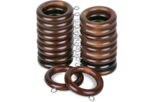 MERCURY TEXTIL- Anillas de Cortina de Madera con Gancho de Acero Inoxidable, Arandelas para Barra de Cortina de Cortina ø 28mm con Ojales. (Marrón, 20)