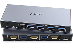 Alxum USB HDMI 2 PC KVM switch 1 monitor che supporta 4K60HZ, due computer per condividere uno schermo con quattro porte USB, tra cui controller desktop, 2 cavi USB e adattatore di alimentazione