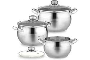 Daniks Classic Batterie de Cuisine INOX avec Couvercles en Verre, 6 Pièces, Casseroles 16/18/20 cm, Tous Feux Dont Induction, Échelle de Mesure, Argent
