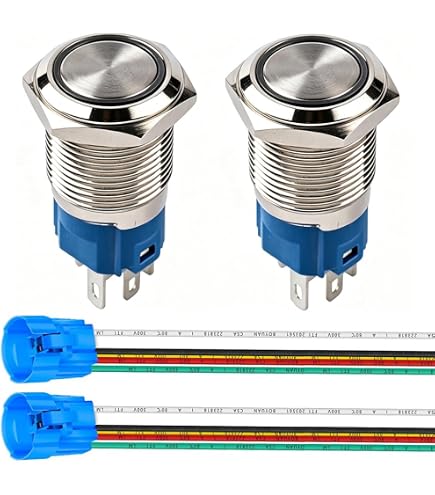 Gebildet 2-Pack 16mm Stainless Steel Latching Push Button Switch – 12V-24V/5A, Blue LED, SPDT 1NO1NC, Waterproof IP65 With Wire Socket