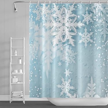 JOOCAR Grauer Schneeflocken-Duschvorhang 180x180 Cm – Winterlich, Weihnachten, Wasserdicht, Mit 12 Haken