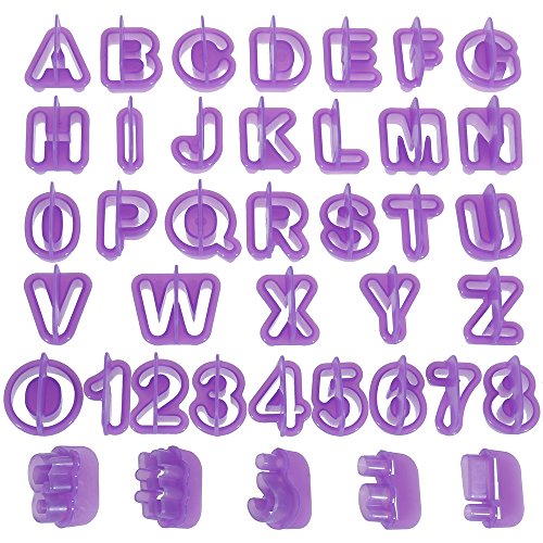 Anpro Fondant Ausstecher 76 tlg, 40 Buchstaben Ausstechformen, 22 Ausstechformen Auswerfer Stempel Tortendeko mit 14 Marzipan Messer - 2