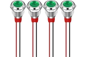 GUUZI 4pcs 12mm Indicador LED 220-230V a Prueba de Agua Panel de Metal Señal Montaje en Panel Cabeza Plana con Cables Carcasa Plateada (Verde)