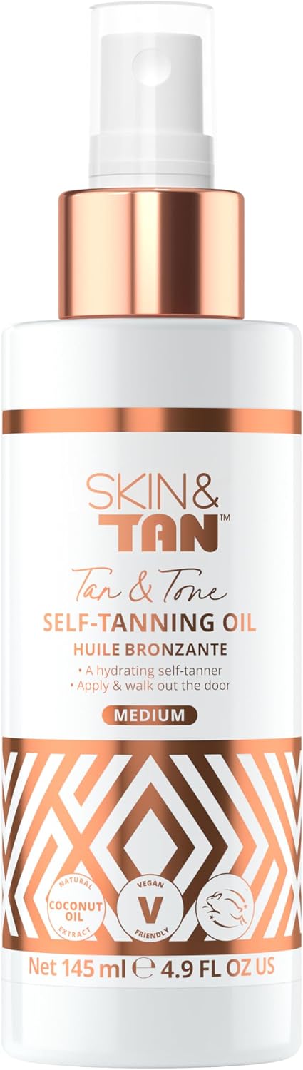 SKIN & TAN Tan & Tone Self Tanning Oil Medium - Hydrating, Firming, No-Rinse Formula for Natural-Looking Golden Bronze Body Tan - Streak-Free Application 145ml (Medium)