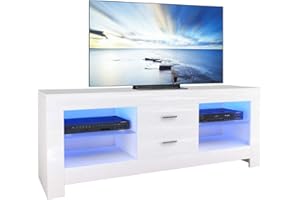Dripex Meuble TV Bas Blanc Brillant avec éclairage LED et tiroirs, 130 x 50 x 35 cm