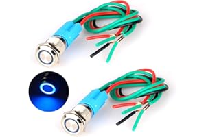 GUUZI 2pcs Momentary Push Button Switch Waterproof Stainless Steel Shell 220V-230V/3A LED Ring Illuminated Switch with Wire Socket Plug Suitable for 12mm Mounting Hole(Blue)