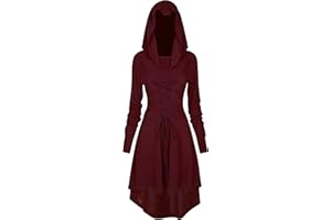 TSIRNK Gothic Kleid Damen,Mittelalter Kleidung Damen,Halloween Kostüm,Renaissance Mit Kapuze Kleid für Halloween Karneval (Weinrot, M)
