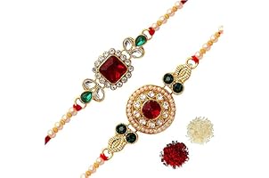 Woniry Fabulous Gold Plated Designer Kundan Rakhi Combo (Set of 2) with Roli Chawal and Raksha Bandhan