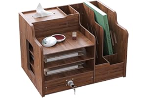 Hggzeg Organizador de escritorio de madera, gran capacidad, organizador de archivos y documentos A4, caja de almacenamiento de suministros(JB07-2 Madera de Nogal)