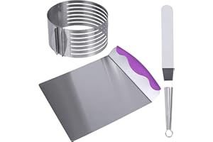 FINDIR 3pcs Cercle a Patisserie Réglable + Grattoir à Pâte 240 x 200mm + Couteau à Gateau 200 x 30 mm Cercle à Gâteaux à Trancher Réglable en Acier Inoxydable - Convient au Diamètre de 6 à 8 Pouces