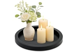 AYIAREN Black Round Decorative Tray for Coffee Dining Table Countertop Small Wooden Serving Trays Farmhouse Kitchen Home Living Room Decor and Bathroom Accessories Rustic Wood Candle Holder Centerpiece Tray