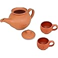 KSI Handcrafted Mitti Clay Tea Kettle with Lid and Tea Cup Coffee Cup Set Handmade Earthen Clay Kulhad Kullar Chai ke Cup Pack of 2, Kettle 750 ml, Cups 115 ml Each