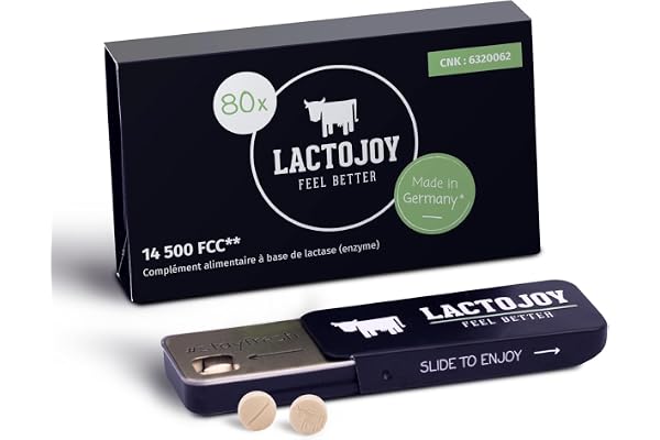 LactoJoy Comprimés de Lactase 14 500 FCC I Combat l'Intolérance au Lactose I Contient 80 Pcs. I 100% Végétale I Favorise la Digestion du Lactose I Sans Produits Chimiques
