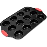 MallArt&reg; 12 B&ouml;lmeli Muffin ve Cupcake Kalıbı - Yapışmaz Karbon &Ccedil;elik Fırın Kabı, Isıya Dayanıklı Kırmızı Silikon Saplı, BPA İ