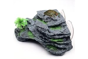 hisunfarm Turtle Basking Platform Terrace with Suction Cups, Reptile Resin Climbing Step Aquarium Décor, Fish Tank Decoration Decorative Rocks with Plastic Plant (Rock Black)