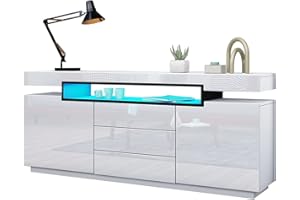 AWOOOD White Sideboard Cabinet Cupboard Matt Body & High Gloss TV Stand Unit LED Light with 2 Doors 3 Drawers 160cm for Living Room Dining Room