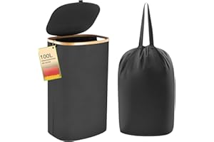 EYELEAF Wäschekorb -100L Waschbarer und hygienischer Groß Wäschesammler schmal mit herausnehmbarem Wäschesack-Wäschekorb mit Deckel & Bambusrand - Wäscheboxen - waschkorb (Schwarz)