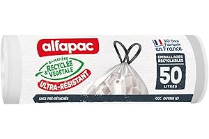 alfapac - 10 sacs-poubelle 50L à lien coulissant - tri des emballages recyclables - transparent - fabriqués en France - bi-matière recyclée & végétale