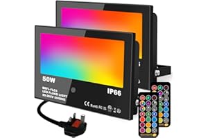 Lighting masters LED Floodlight Outdoor 50W, RGB Colour Changing Flood Lights with Remote Control，Timed, DIY Mode, Garden Lighting，IP66，UK 3-Plug (2 Pack)
