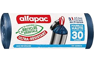 alfapac - 15 sacs-poubelle 30L poubelle haute à lien coulissant ultra-résistant - fabriqués en France - bi-matière recyclée & végétale