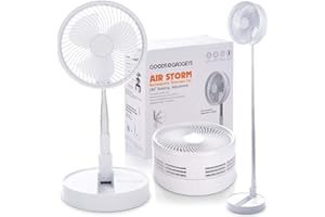 GOODS+GADGETS Ventilador de mesa plegable y ventilador de pie con batería recargable de 6000 mAh, muy silencioso y portátil