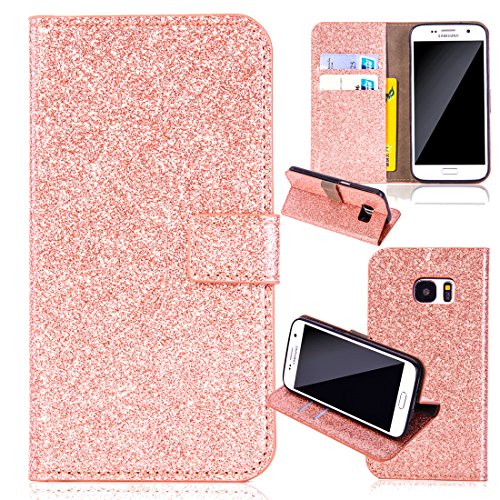 Samsung Galaxy S7 Hülle,Samsung Galaxy S7 Brieftasche Ledertasche Handy Hülle,Niedliche Vintage Slim dünn 3D Glitzer Bling Sparkle PU Lederhülle Kreative Persönlichkeit Design Muster Flip Schale Tasche Folio Wallet Bookstyle Klapphülle Case Cover für Samsung Galaxy S7,Magnetverschluss Leder Cover Case Hülle mit Ständer Etui Karten Slot Schutzhülle für Samsung Galaxy S7 5.1 Zoll Screen,Rose Gold