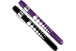 ALMOCN Paquete de 2 bolígrafos de luz LED reutilizable para enfermera, luz blanca con indicador de pupila y regla, negro y morado