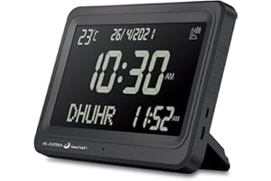 AL SALAMA Azan Clock, Automatic Worldwide Digital 8 Azan Prayer Sounds Muslim Clock, Islamic Prayer Clocks for Home Decor Islamic Art Verse of The Day (All Black)