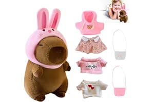 XPJBKC Peluche Capibara, 8 en 1 Capibara Peluche con 4 Ropa, 1 Conejito Rosa Sombreros, 2 Bolsas, Lindo Capybara Peluche, Vestir a Diario Capybara Bebé, Peluche de Capibara, Regalo para Niños, 28CM