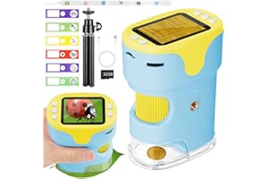 AXFEE Mikroskop dla dzieci, 1000 x przenośny mikroskop kieszonkowy z diodami LED, mini mikroskop z wyświetlaczem LCD 2,0" 4 K, 6 folii, karta pamięci 32 GB i statyw, dla dzieci i dorosłych (niebieski)
