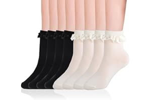 KALIONE Czarne i białe skarpety damskie, 4 pary skarpet damskich z falbankami, modne, miękkie skarpety do kostek, oddychające, bawełniane, z falbankami, skarpety do stroju ludowego dla kobiet,