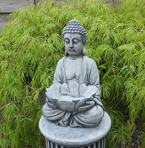 Stein BUDDHA mit Lotosblüte Pflanztopf Feng-Shui Steinfigur grau / Patiniert massiv Skulptur Garten Deko Frostfrei 30 cm