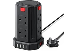 SAMERIVER Tower Extension Lead 2M, (13A 3250W) 4 USB Ports and 8 Way Extension Tower, Surge Protection Extension Lead with 4 Independent Control Switch, Extension Cable for Home, Office, Kitchen