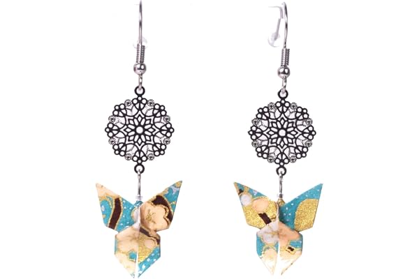 Boucles d'oreilles papillons origami avec rosace (Bleu, doré et argenté)