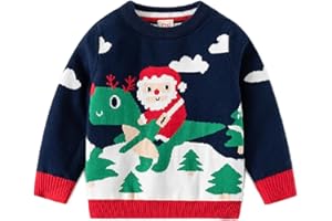 Fandecie Jersey Navideño Niño Niña,Cuello Redondo, Suéter de Punto con Reno Puro, Papá Noel Algodón 2-7 Años