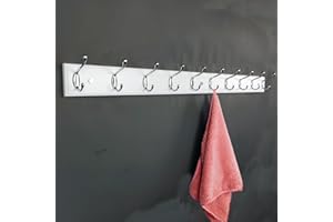 lomejii Largo Perchero de pared de madera con 10 ganchos, 95 cm, blanco, resistente perchero plateado para ropa, sombreros, bolsos, percheros grande y moderno de madera para entrada, pasillo