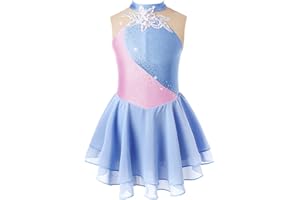 TiaoBug Maillot de Patinaje Artístico para Niñas Competición Vestido Lentejuelas de Baile Leotardo con Falda Tul Body Ballet Disfraz de Baile Actuación