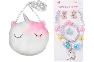 KSJEHW Bijoux Enfants Filles Unicorn Sac à Main Collier Bracelet Boucles d'oreilles Bague Set, Princesse Bijoux Cadeaux Fête Déguisement Accessoire