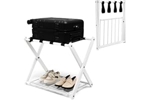 HOMASIS klappbar Kofferständer Kofferablage, 2 Ebenen Kofferhocker, Kofferbock aus Metall, Gepäckablage für Koffer & Schuhe, Kofferhalter für Hotelzimmer Flur & Wohnzimmer, 68x43x56cm (1, Weiß)